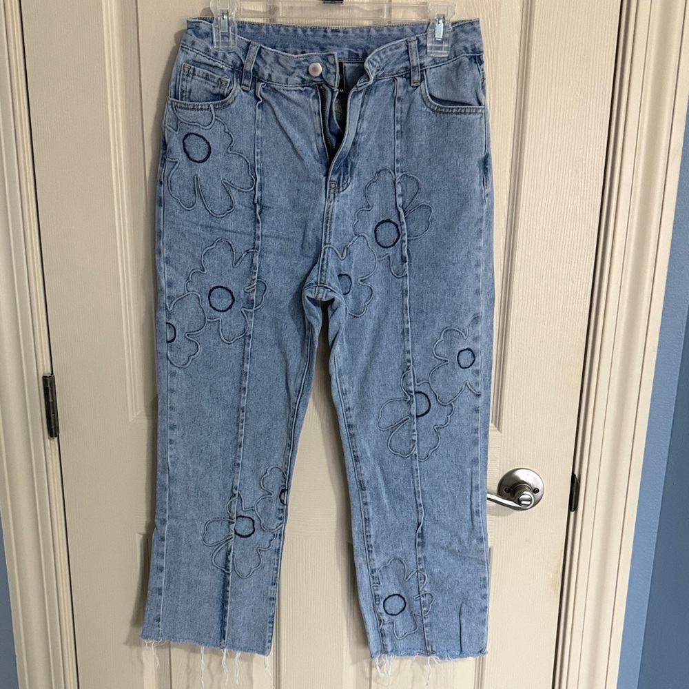 Cider Light Blue Floral Ankle Jeans